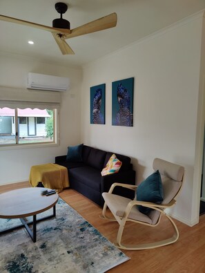 Smart TV, chimenea, libros y estéreo 