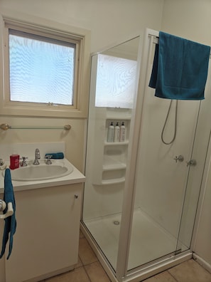 A bathroom with a sink, window, shower, and toiletries.