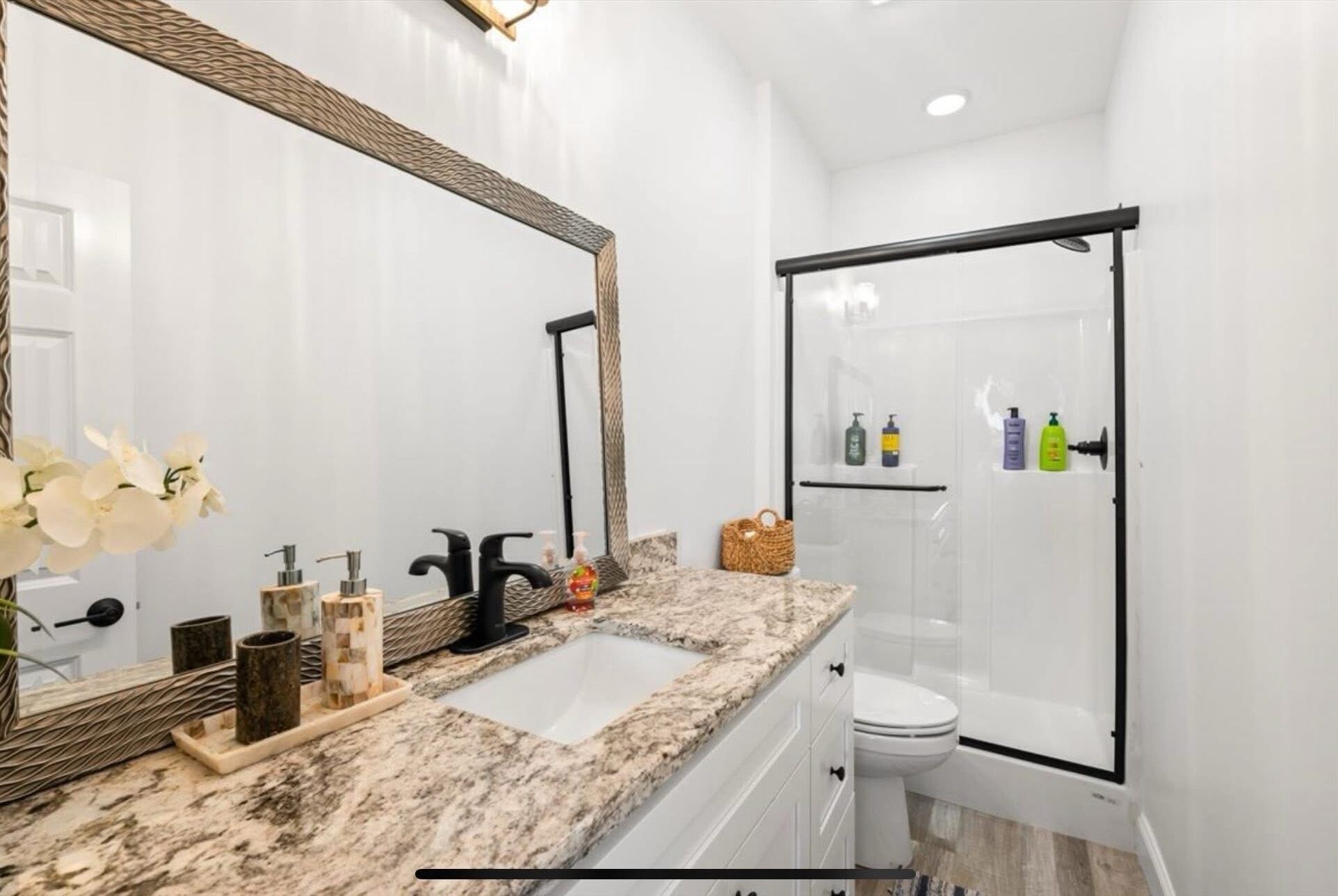Shower, towels, soap, toilet paper