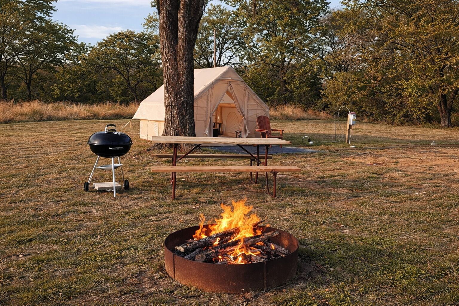 Un camping con tienda de campaña, fogón, parrilla y mesa de picnic.