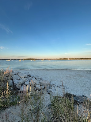 Eine Küstenlandschaft mit felsiger Uferlinie, ruhigem Wasser und Bäumen in der Ferne.