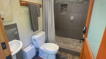 Regadera, toallas, jabón, papel de baño