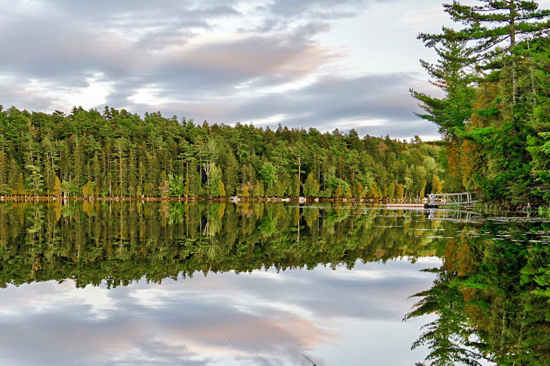 Un lac paisible, bordé d’une forêt dense d’un côté et d’une jetée qui s’avance sur l’eau.