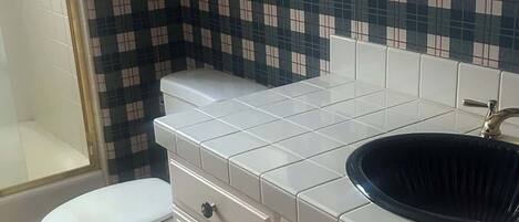Ein Badezimmer mit Toilette, Waschbecken und Dusche.