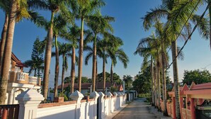 A pathway lined with palm trees and a white fence, leading to a building with a red roof. - Tremendous 6-bedroom villa with AC in peaceful Samana (Samana)