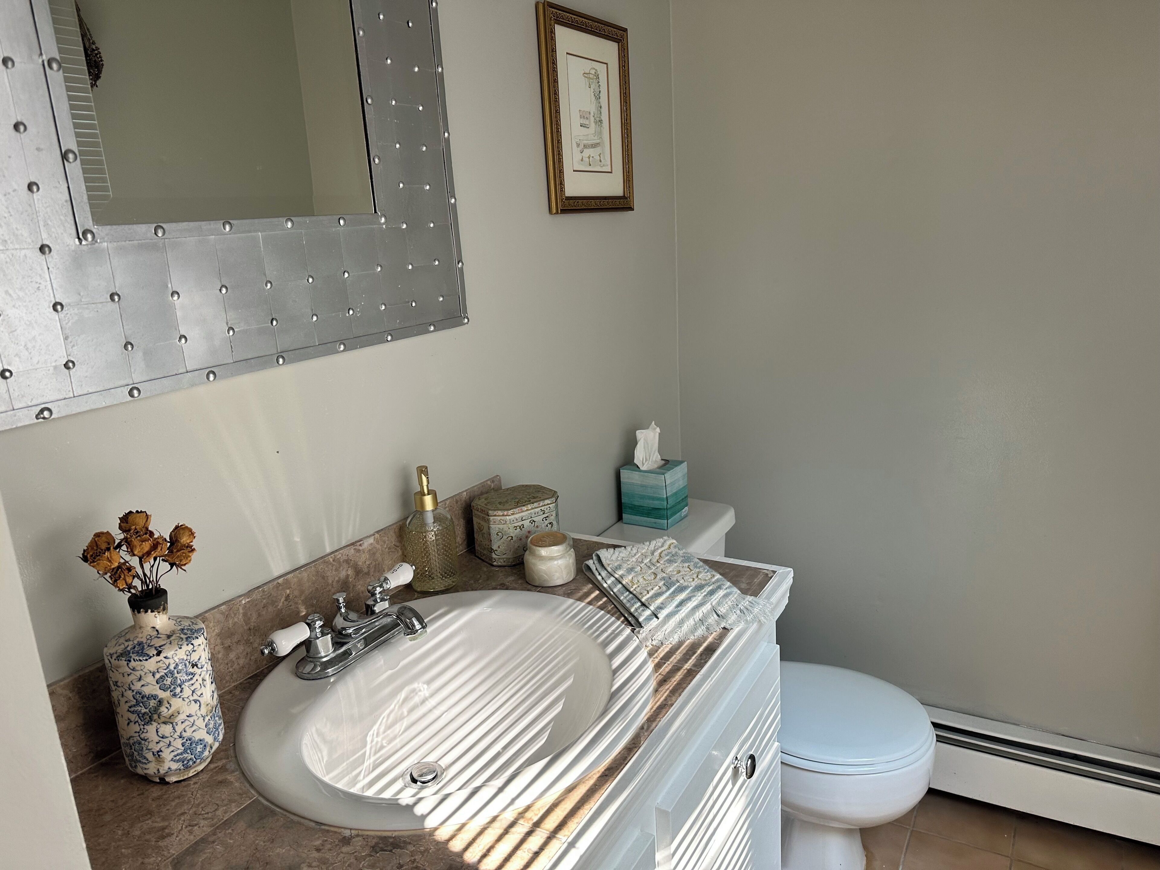 A bathroom with a sink, mirror, toilet, and decorative items.