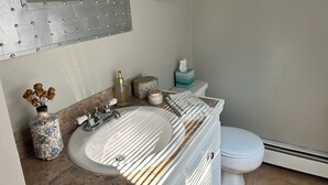 Ein Badezimmer mit Waschbecken, Spiegel, Toilette und Dekorationselementen.