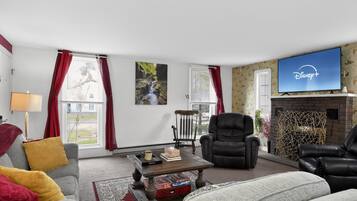 Smart TV, fireplace, books