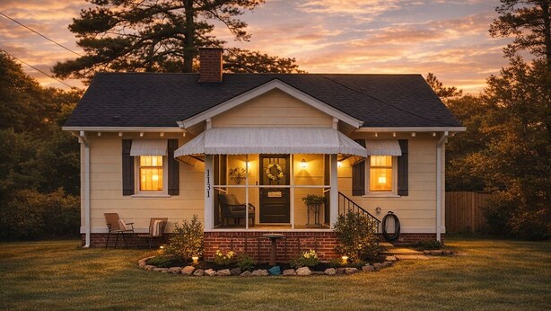A two-story house with a front porch, a brick foundation, and a number '1131' on the wall.