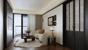 A modern living room with a sofa, a coffee table, a lamp, and a large window. - HOWARD JOHNSON BY WYNDHAM TK Phnom Penh (Phnom Penh)
