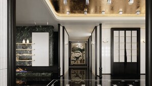 A hallway with a marble wall, a framed botanical print, and a black door with a textured panel. - HOWARD JOHNSON BY WYNDHAM TK Phnom Penh (Phnom Penh)