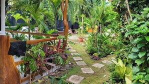 Een tuinpad met beplanting en een houten omheining.