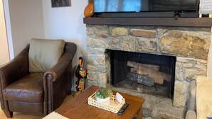 Una sala de estar con chimenea de piedra, un sillón de cuero, una mesa de centro de madera con una planta y un televisor de pantalla plana montado sobre la chimenea.