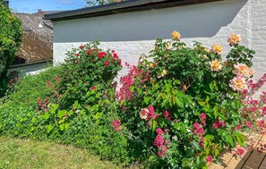 A garden with various flowering plants and a white building in the background. - 3 bedroom amazing home in Gudhjem (Gudhjem)
