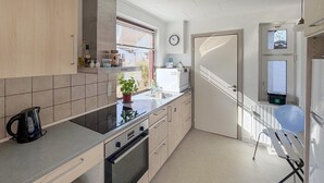 Eine kleine Küche mit Herd, Backofen, Spüle und einer Topfpflanze.