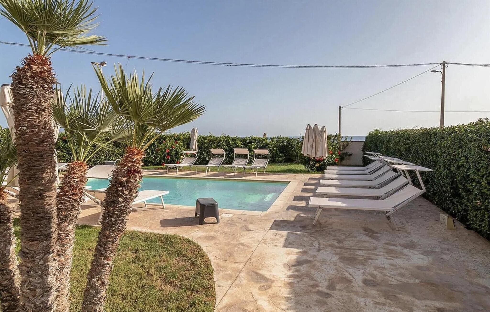 Une piscine avec des chaises longues, des palmiers et une haie.