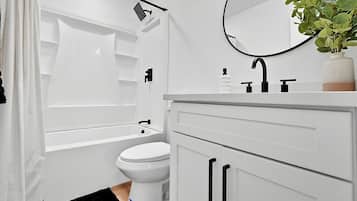 Regadera, toallas, jabón, papel de baño