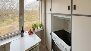 Cucina con finestra, fornello, pensili e un piccolo bancone con una bottiglia e della frutta.