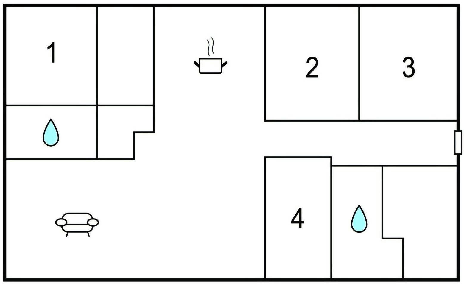 A floor plan with four rooms, a kitchenette, and a bathroom.