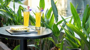 A table with two drinks and a plate of fruit, surrounded by greenery and a pool. - Chu Homestay TamCoc (Nam Hoa Lu)