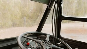 A vehicle's steering wheel, dashboard, and a window with a view of trees. - R&R Bus Retreat: Charles the white Bus (Wellington Mill)