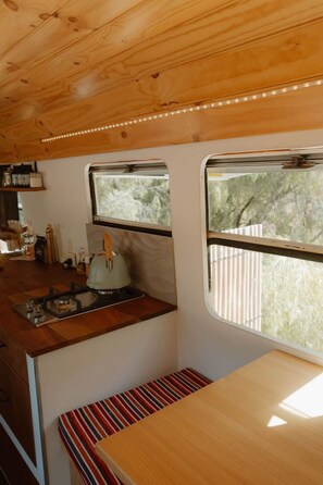 Private kitchen - R&R Bus Retreat: Charles the white Bus (Wellington Mill)