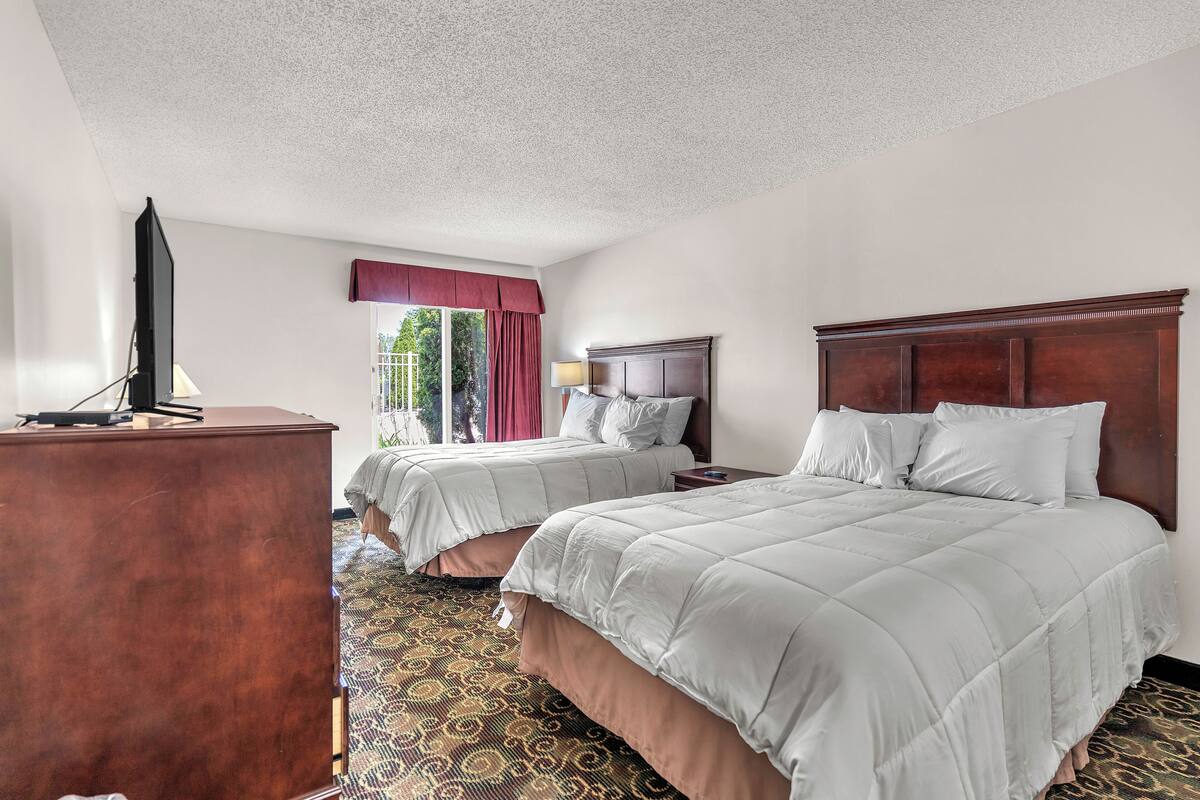 A hotel room with two beds, a television, a desk, and a patterned carpet.