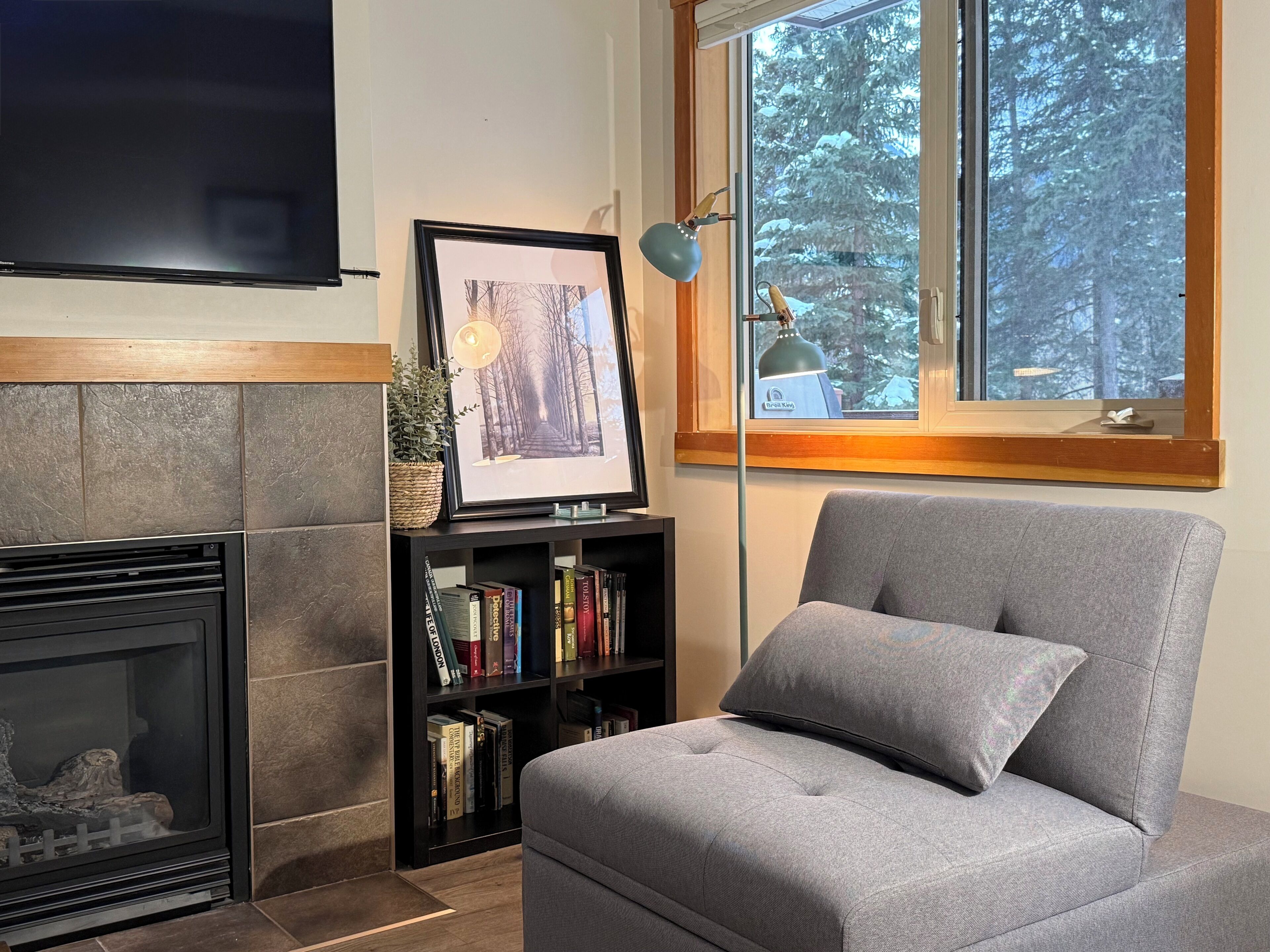 A living room with a fireplace, a bookshelf, a grey sofa, and a window with a view of trees.