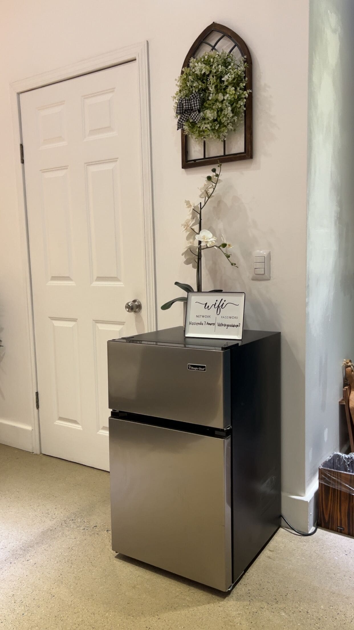 A stainless steel refrigerator with a 'wifi' sign, a white door, and a decorative plant on the wall.