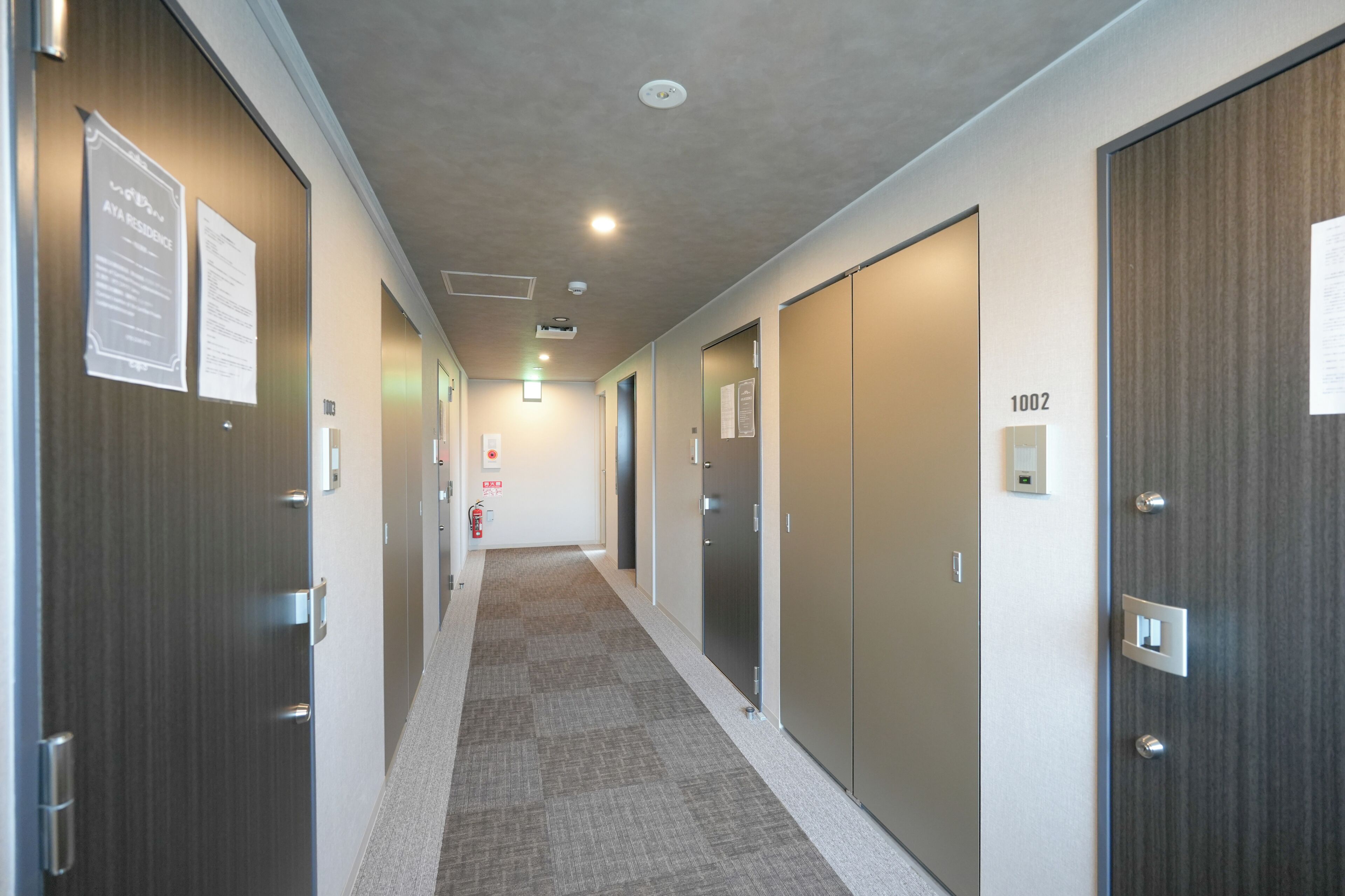 A hallway with doors, a fire alarm, and a ceiling light.