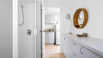 Shower, hair dryer, towels, shampoo
