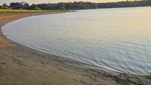 Een zandstrand met kalm water, bomen in de verte en een heldere lucht.