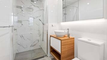 Shower, hair dryer, towels, shampoo