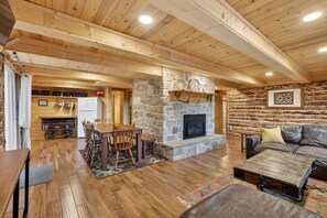 TV, fireplace - Creek Cabin | Private Creekside Cabin w/ Sauna, Hot tub, Trail Access & More! (Island Park)
