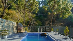 A rectangular swimming pool with a stone wall and metal railing on one side, surrounded by trees and potted plants. - Elivaas Konifer Greyvine Hillside 9 BHK  (Kasauli)
