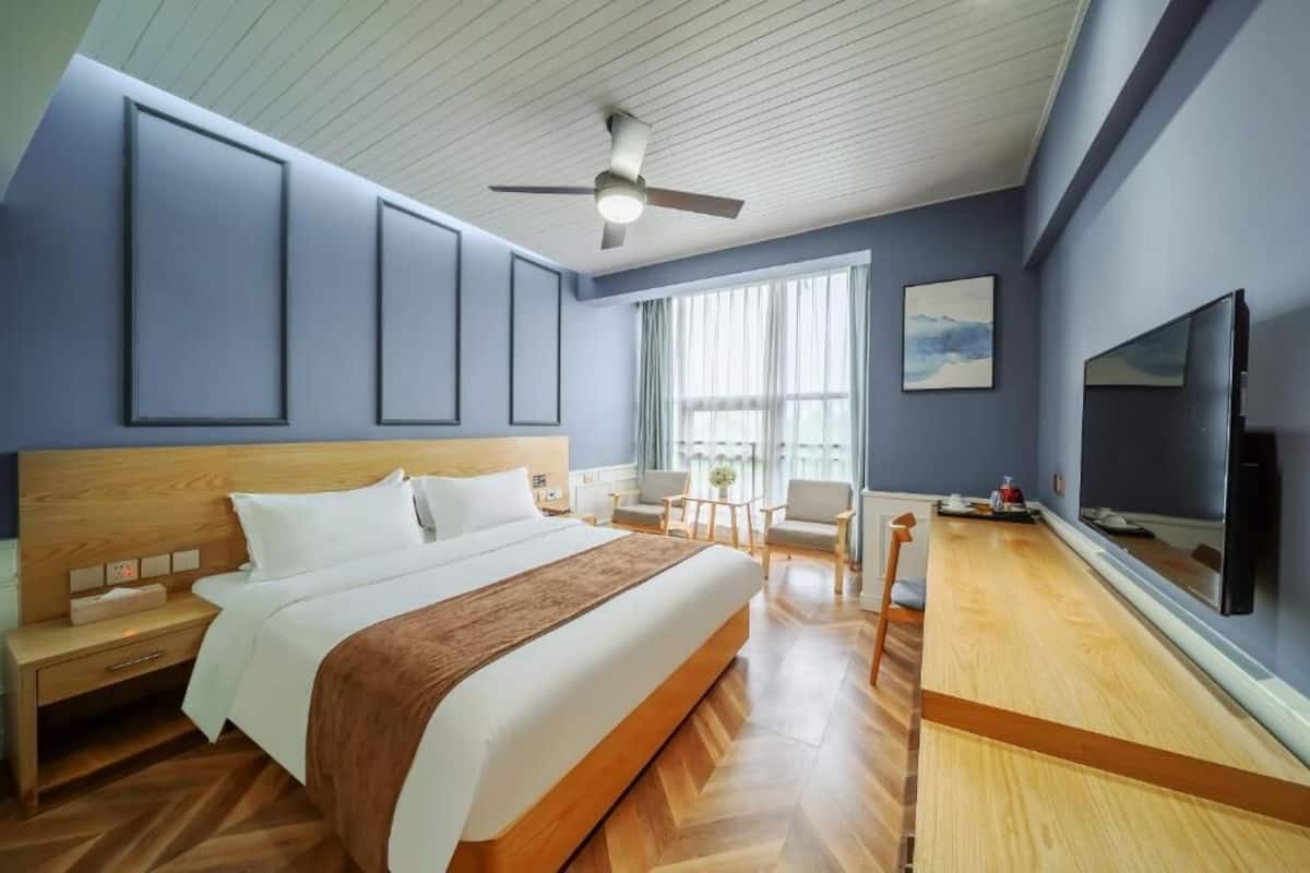A hotel room with a large bed, a ceiling fan, a TV, and a view of the outdoors.