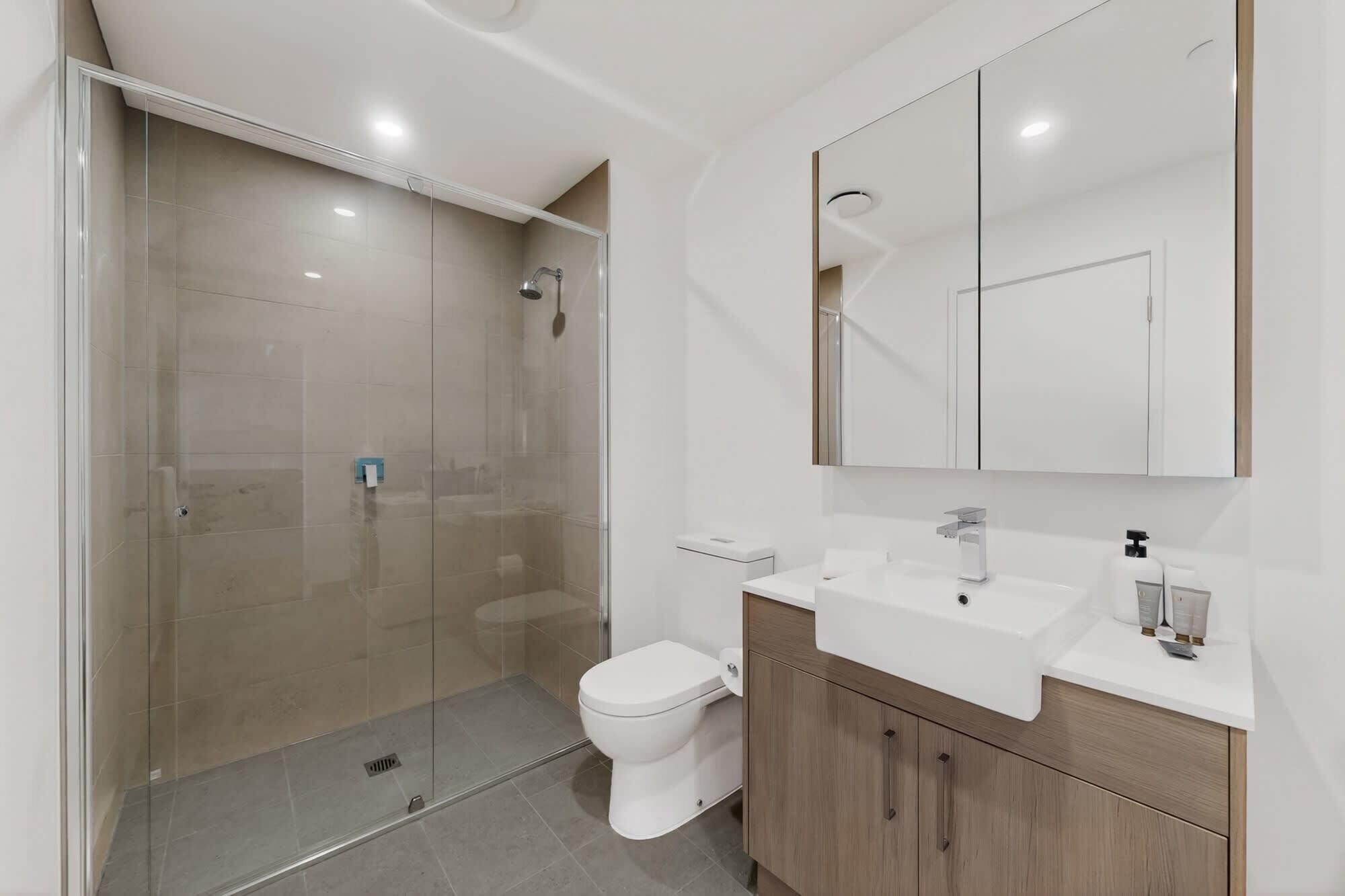 Une salle de bain moderne avec une douche à parois de verre, des toilettes, un lavabo avec un miroir au-dessus et des meubles en bois.