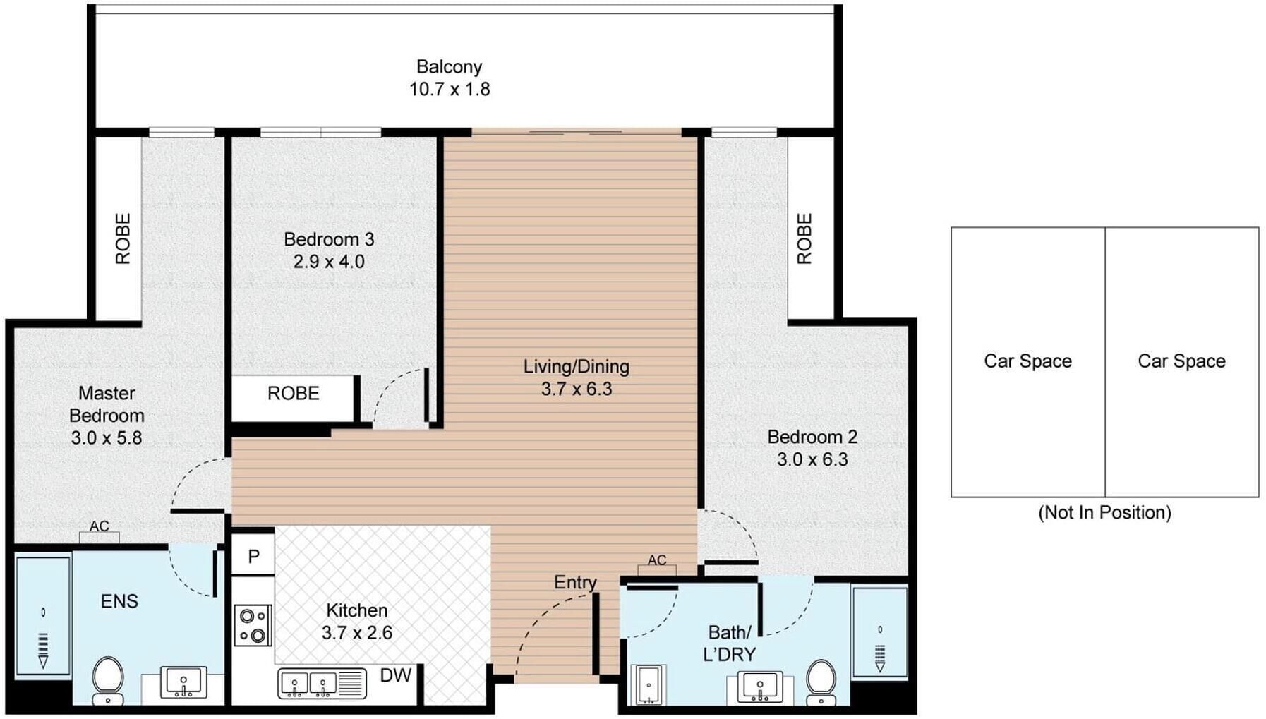 Ein Grundriss mit Schlafzimmer, zwei weiteren Schlafzimmern, einem Balkon, einem Wohn-/Essbereich, einer Küche, einer Diele und einem Badezimmer.