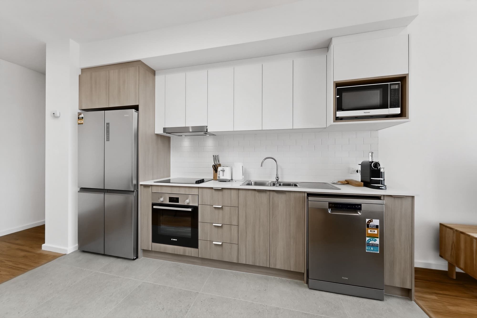 Coffee/tea maker, fridge, microwave, oven