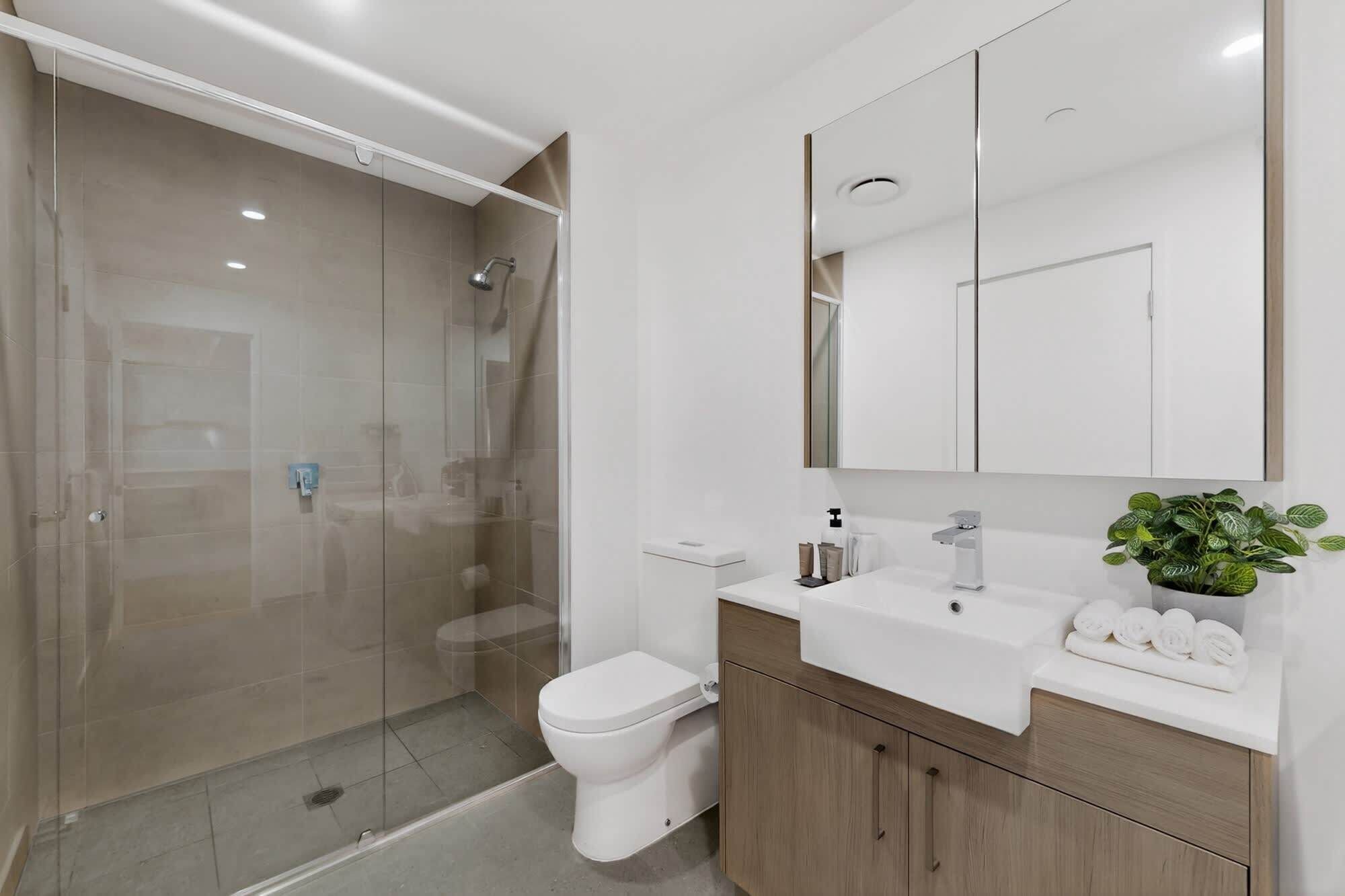Shower, hair dryer, towels, shampoo