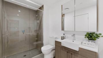 Shower, hair dryer, towels, shampoo