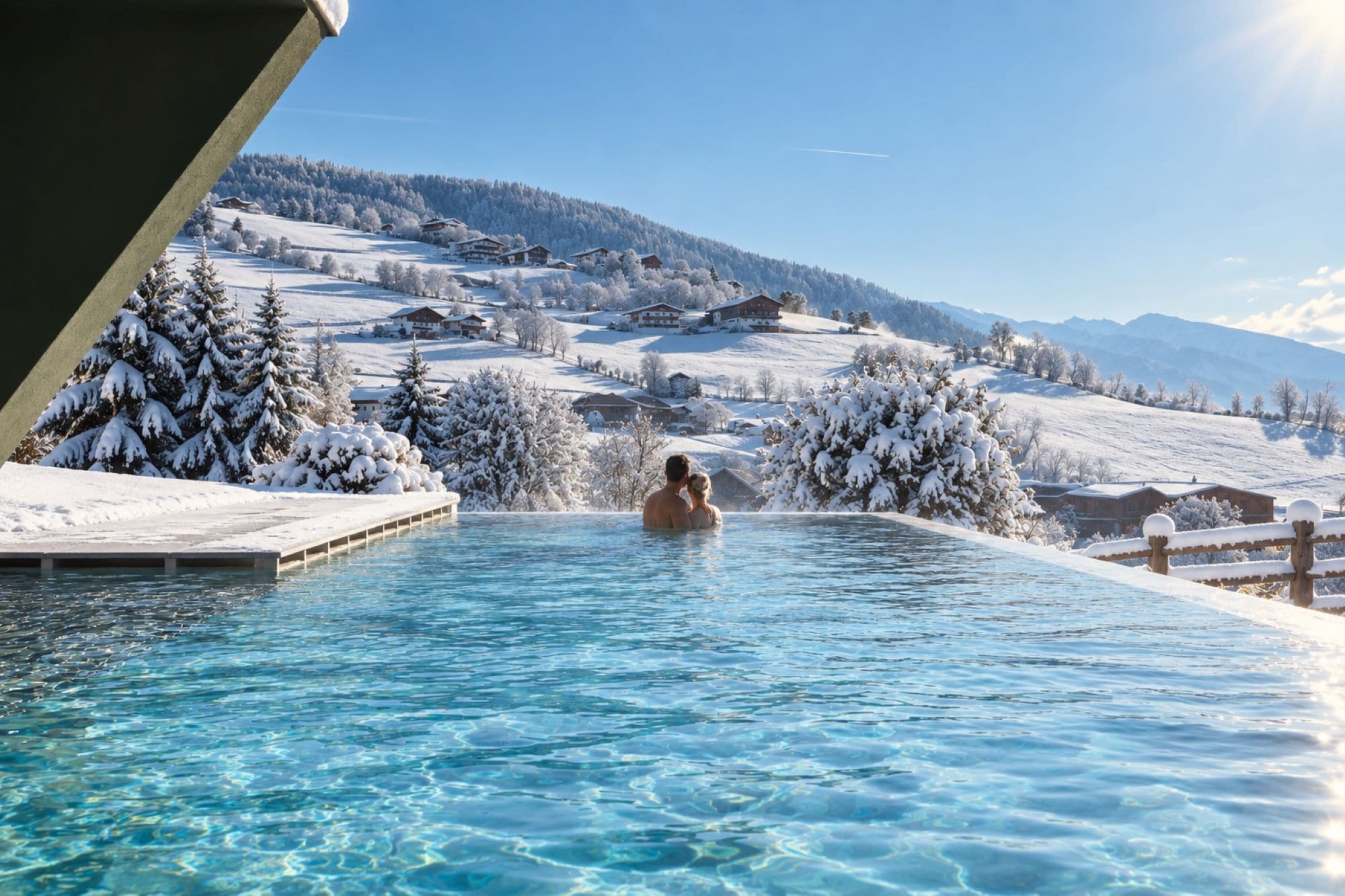 Una piscina cristalina con vistas a un paisaje nevado y casas al fondo.