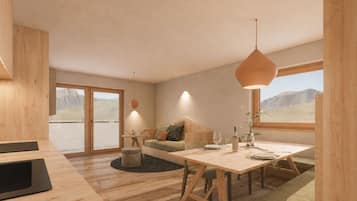 Superior-Apartment, Balkon, Bergblick | Speisen