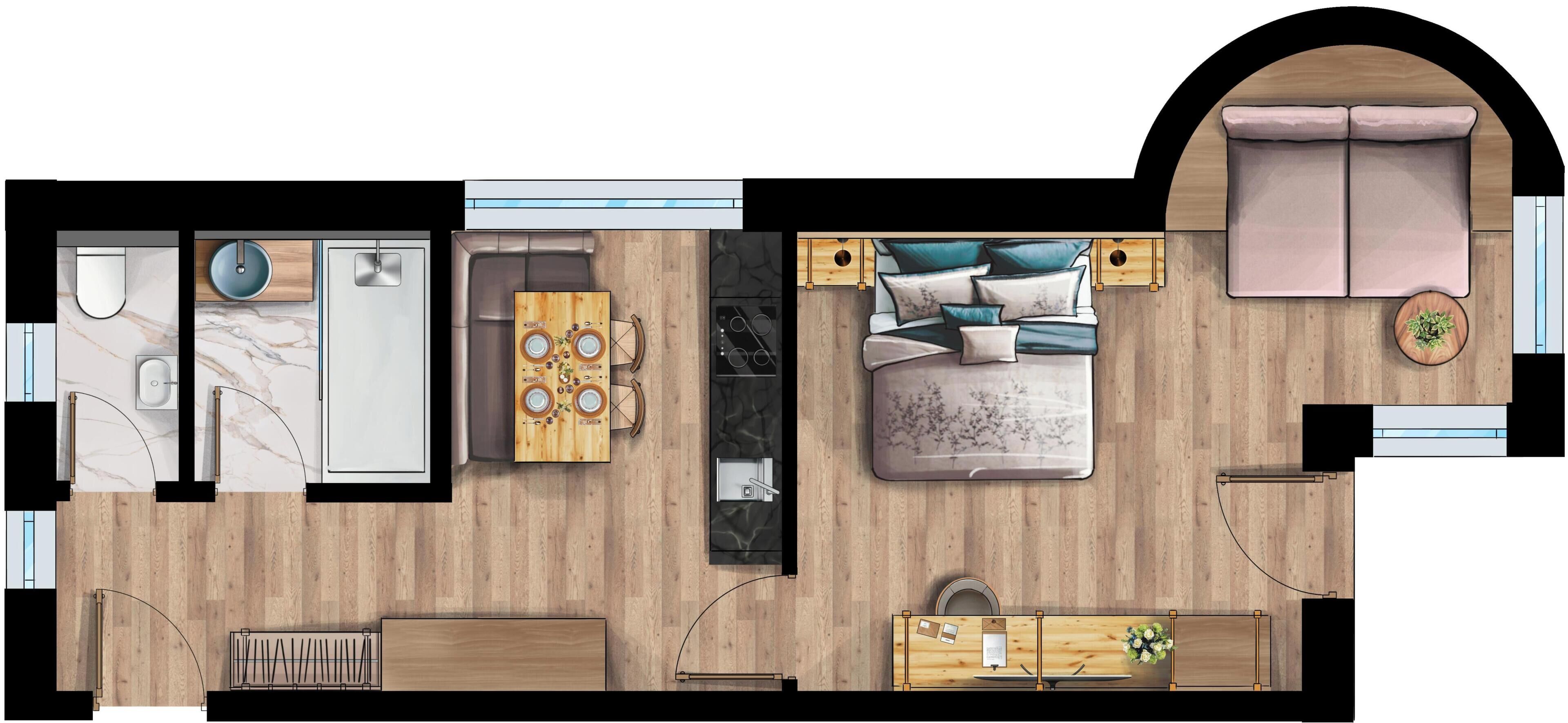 A floor plan of a hotel room with a bathroom, a dining area, a bed, and a small seating area.