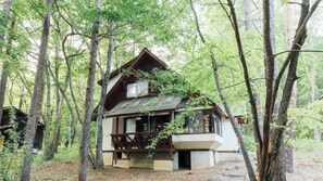 Una cabana al bosc amb teulada inclinada, terrassa de fusta i grans finestres.