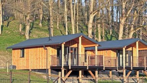 Two wooden cabins with balconies, elevated on stilts, surrounded by trees. - Poplar Lodge - UK50625 (Welshpool)