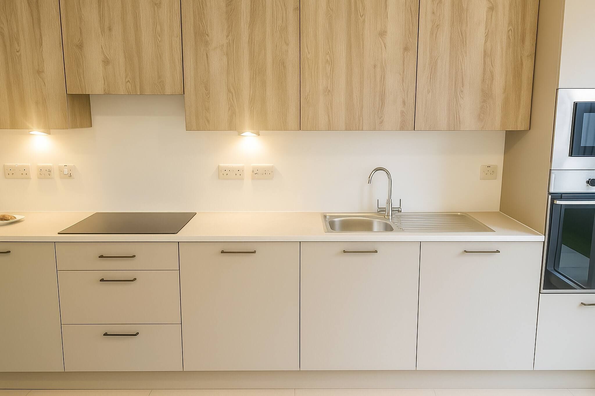 Eine moderne Küche mit Holzausstattung, einem Edelstahl-Spülbecken und einem eingebauten Ofen.