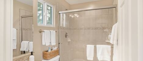 A modern bathroom with a glass-enclosed shower, a sink, and a toilet.