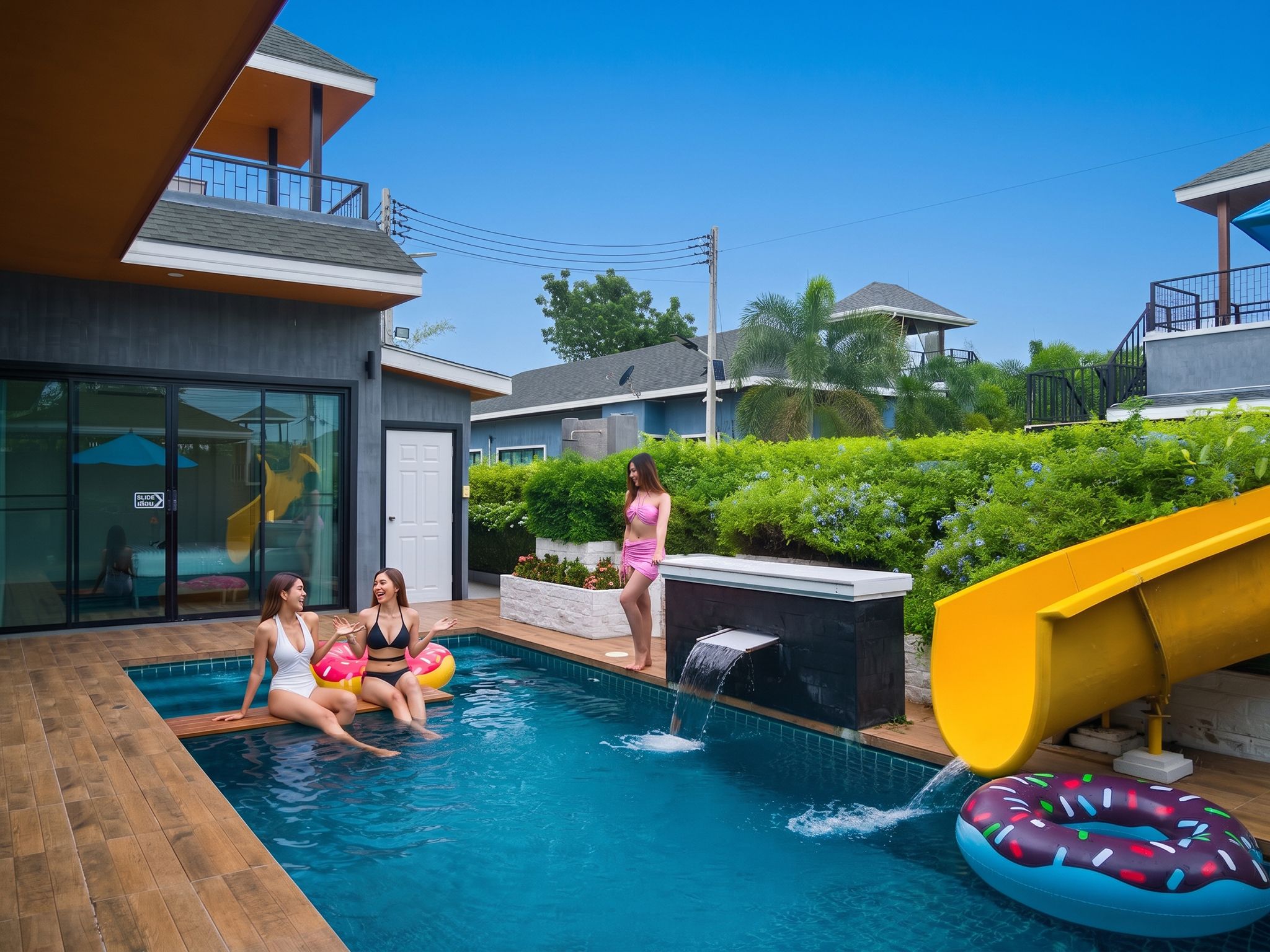 An outdoor swimming pool with a slide and inflatable rings, surrounded by modern buildings and greenery.