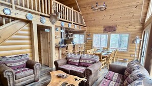 A log cabin interior with a dining area, two sofas, a wooden coffee table, and a kitchen area. - A Custom-Built Swiss-Style Luxury Mountain Retreat - Upper Level 3 BR Unit (Mount Jackson)
